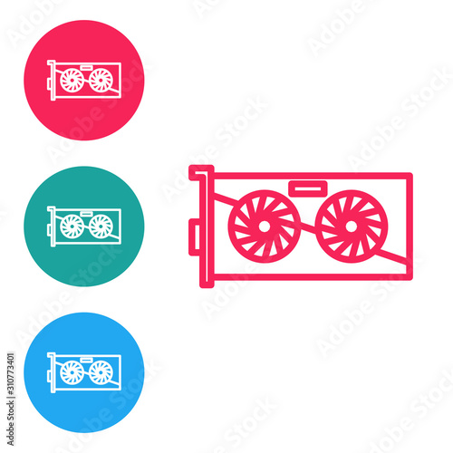 Red line Video graphic card icon isolated on white background. Set icons in circle buttons. Vector Illustration