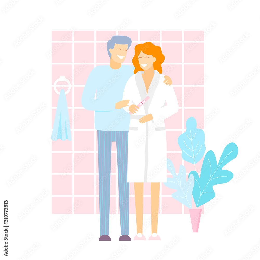 Woman and man with baby test In bathroom. Enamoured couple finding out results of a pregnancy test. Woman holding positive pregnancy test in hand. Two test strips.   Vector illustration