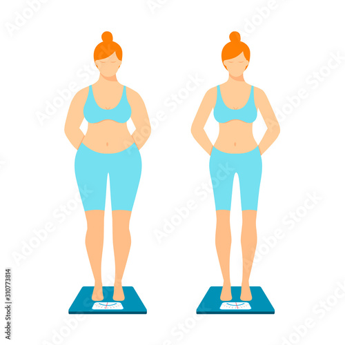 Overweight woman. Normal weight woman. A fat and thin woman is standing on the scales isolated on a white background. Healthy lifestyle concept. Diet and Weight Loss