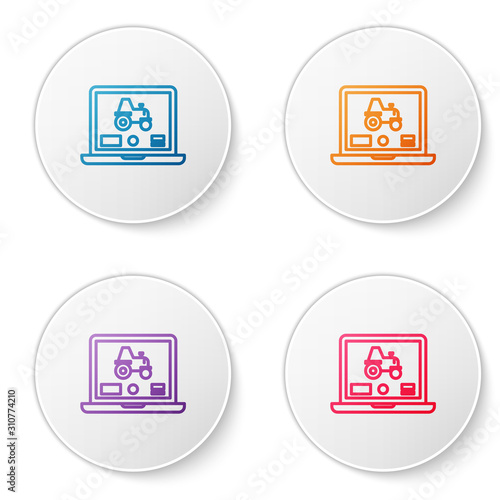 Color line Laptop application for control a autonomous tractor on a smart farm icon isolated on white background. Smart agriculture implement. Set icons in circle buttons. Vector Illustration