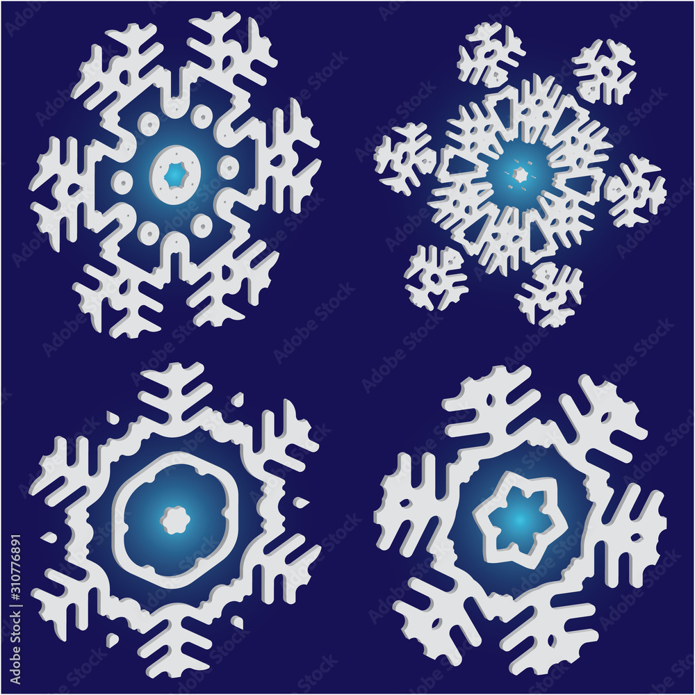 Kit of isolated silhouettes of snowflakes on blue background. Kit of isolated silhouettes of snowflakes on blue background.