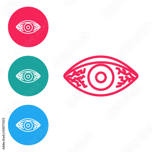 Red line Reddish eye due to viral, bacterial or allergic conjunctivitis icon isolated on white background. Set icons in circle buttons. Vector Illustration