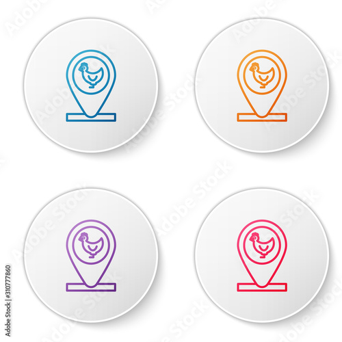 Color line Chicken farm and location icon isolated on white background. Set icons in circle buttons. Vector Illustration