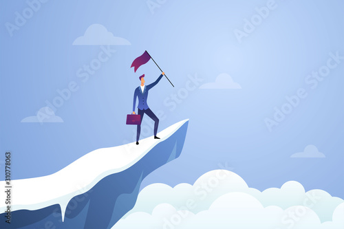 Successful businessman holding a flag on top mountain vector. Symbol of success, achievement victory, top career and leadership flat illustration