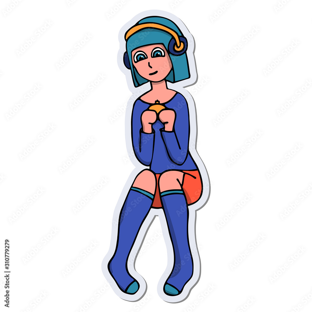 cute white girl gamer with a gamepad in hands and headphones sticker. White background isolated vector illustration cute white girl gamer with a gamepad in hands and headphones sticker. White background isolated vector illustration
