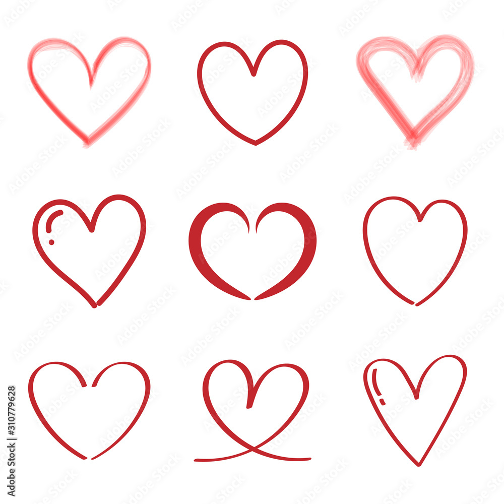 Set of red hearts icon. Hand drawn. Vector illustration.