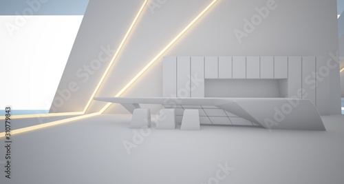 Abstract architectural white interior of a minimalist house with swimming pool and neon lighting. 3D illustration and rendering.
