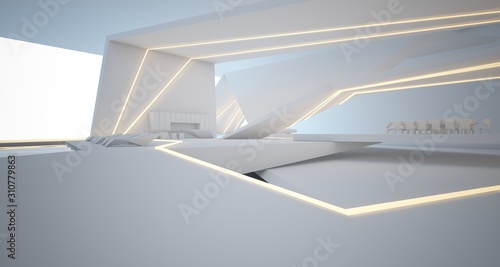 Abstract architectural white interior of a minimalist house with swimming pool and neon lighting. 3D illustration and rendering.