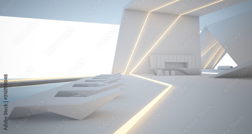 Abstract architectural white interior of a minimalist house with swimming pool and neon lighting. 3D illustration and rendering. Abstract architectural white interior of a minimalist house with swimming pool and neon lighting. 3D illustration and rendering.