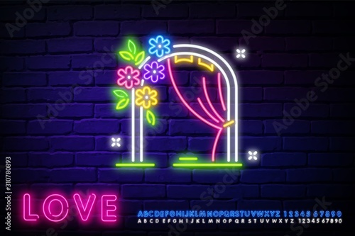 Glowing neon line Wedding arch icon isolated on brick wall background. Wedding decoration. Neon wedding arch, gate neon logo. Happy Valentine's Day. Neon sign, bright signboard, light banner.