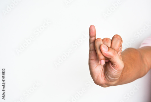 promise hand sign, close up man hand showing his little finger on white background, copy space