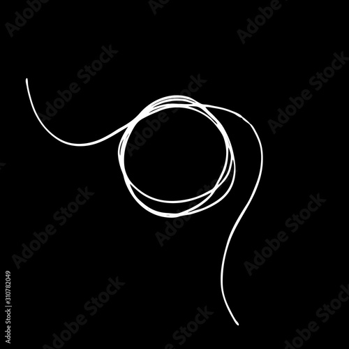 Tangled thread scribble circle frame. White on black abstract scrawl sketch. Vector stock illustration of chaotic doodle shape. EPS 10