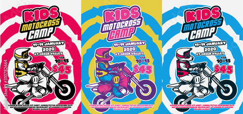 kids motocross camp poster design summer retro vintage cool color illustration flyer