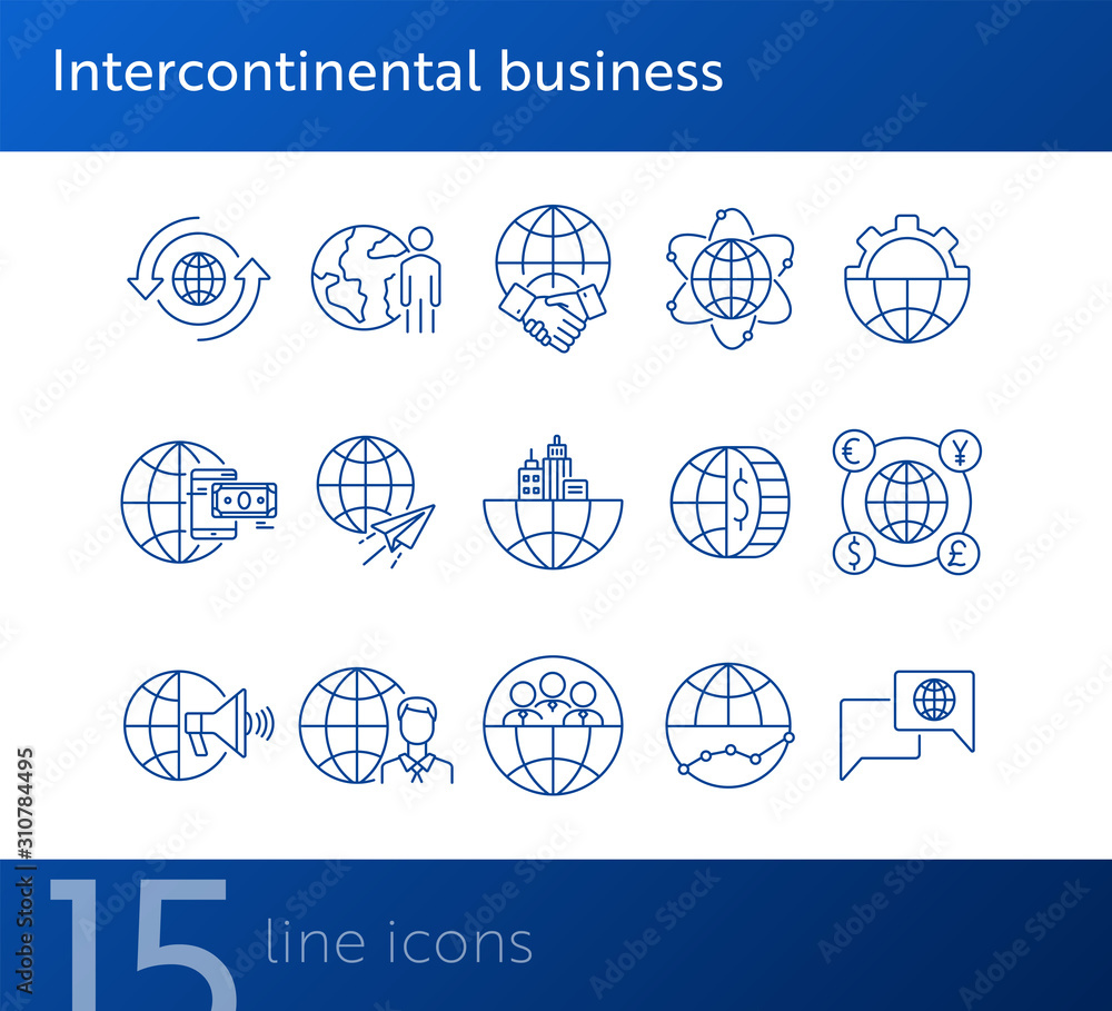 Intercontinental business line icon set - obrazy, fototapety, plakaty 