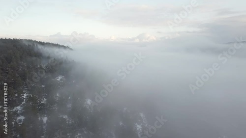 Aerial, drone shot, through a thick fog cloud, over forest and hills, on a foggy, fall morning, in Birkeland, Aust-Agder, South Norway photo