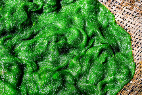 The pattern of natural green spirogyra. Background. Algae texture, placed on a container woven with bamboo. photo