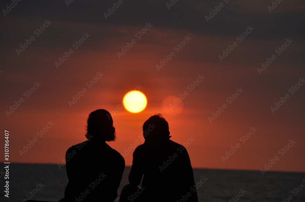 Tropical Sunset Palm Tree & Couple in Silhouette