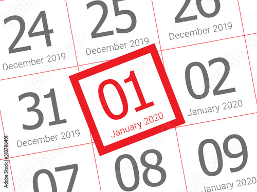 Close up of first day of the year 2020 on diary calendar.