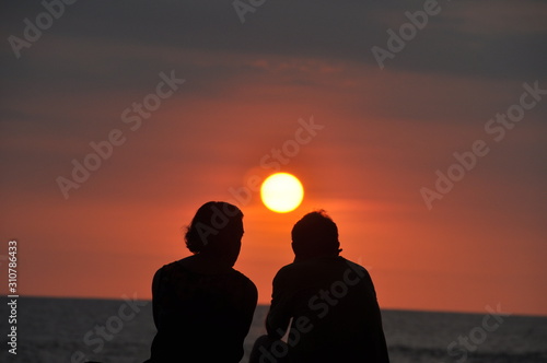 Tropical Sunset Palm Tree & Couple in Silhouette