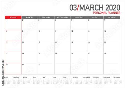 March 2020 desk calendar vector illustration