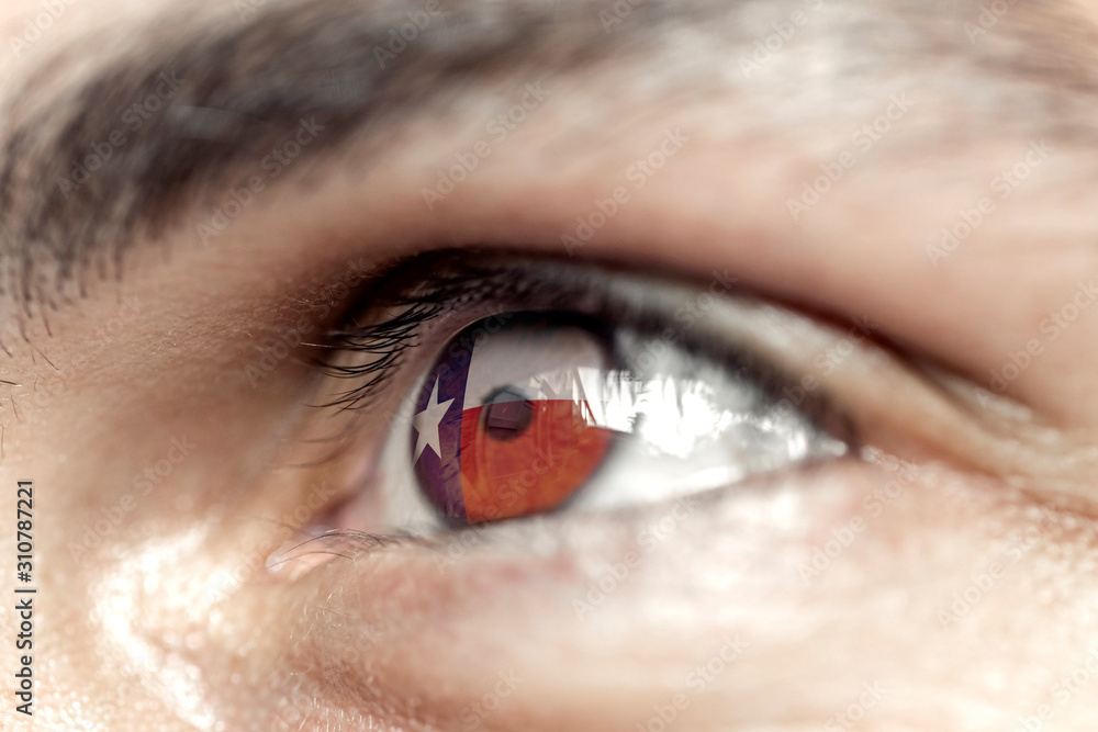 Obraz premium Flag of Texas state of the United States of America reflects in a man brown eye - election, sport, hope, young, generation, american football, basket 