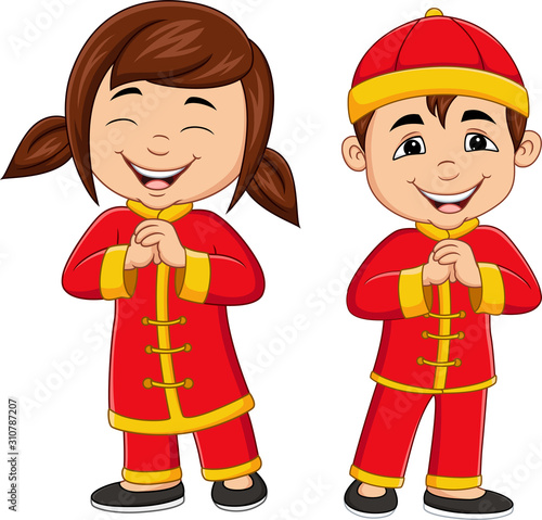 Cartoon chinese kids wearing traditional chinese costume