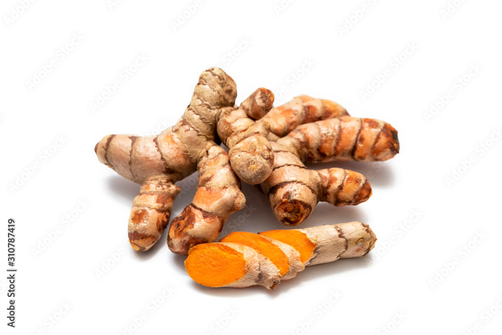 Turmeric, Curcuma, Indian saffron, (Curcuma longa Linn.) isolated in white background. 