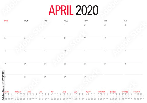 April 2020 desk calendar vector illustration
