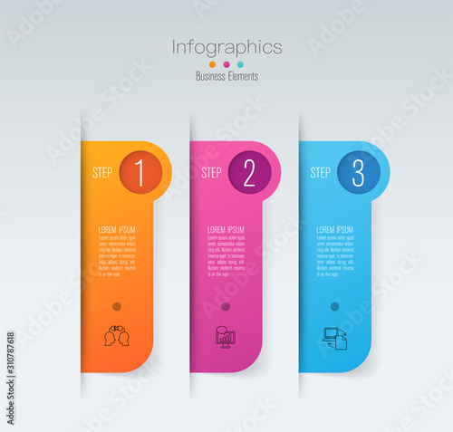 Infographics design vector with 3 options and business icons. Use in corporate report, marketing, annual report. Network management data screen with charts, diagrams.
