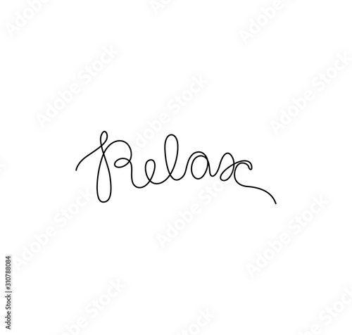 Relax inscription, continuous line drawing, hand lettering small tattoo, print for clothes, t-shirt, emblem or logo design, one single line on a white background, isolated vector illustration.