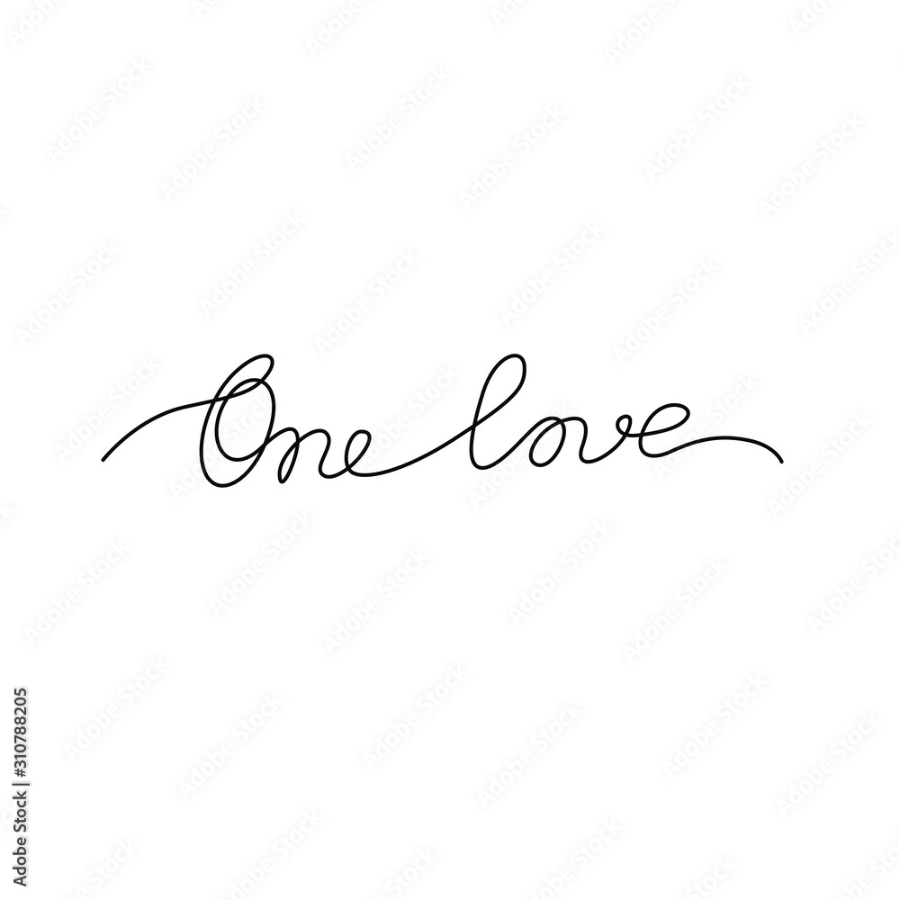 One love inscription, continuous line drawing, hand lettering small tattoo, print for clothes, t-shirt, emblem or logo design, one single line on a white background, isolated vector illustration.