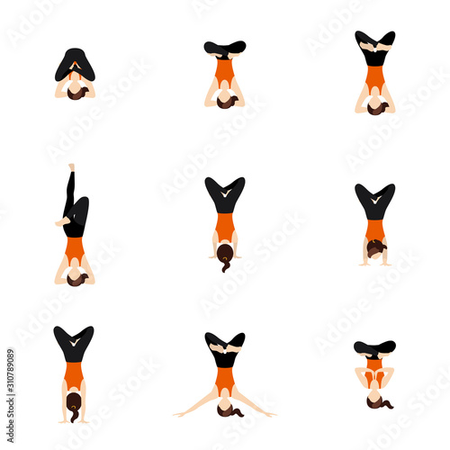 Yoga asanas set advanced poses with lotus/ Illustration stylized woman practicing padmasana in handstand & headstand