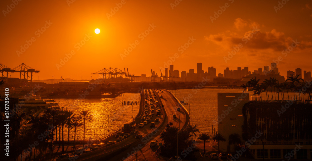 sunset sky city cars traffic night sunrise building town sea travel lighting miami