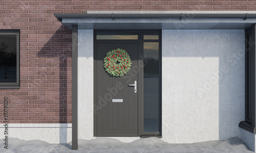 Christmas Wreath Hanging on the Front Door of a Brick House 3D Rendering