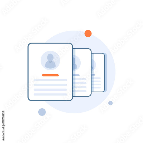 Documents with personal data vector illustration, flat cartoon paper document pile or stack with user profile data and photo, concept of interview job