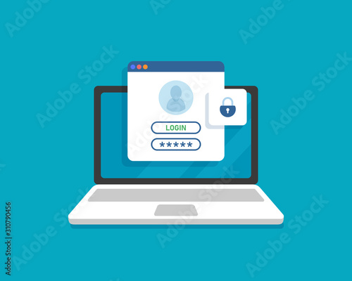 Laptop with login and password form page on screen,user authorization, login authentication page concept