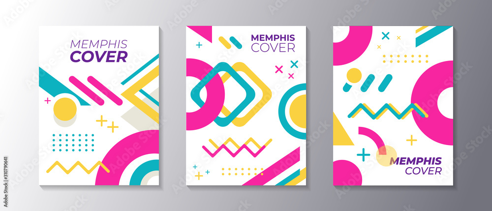 Memphis design cover set with cool geometric shape, applicable for poster, flyer, banner, magazine