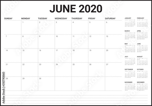 June 2020 desk calendar vector illustration