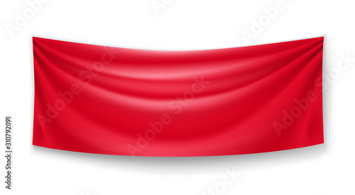 Realistic red banner for advertising or announcement. Blank fluttering flag template isolated on white background. Wavy fabric mockup with copy space. Horizontal branding object vector illustration