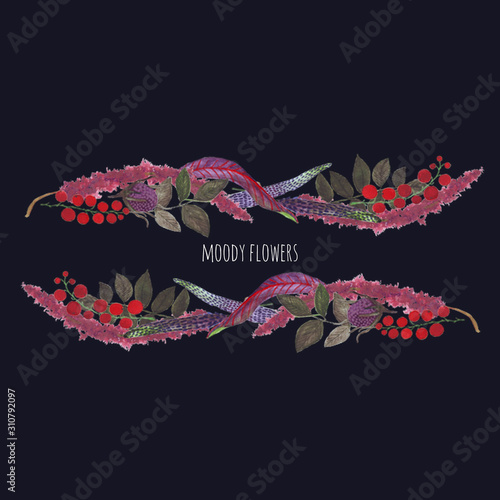 Hand-drawn gouache textured set of flowers, leaves and berries in the style of Moody flowers on the dark wall background