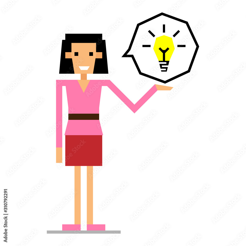 a skinny businesswoman is talking about her idea with a smiling face and a light bulb beside her a skinny businesswoman is talking about her idea with a smiling face and a light bulb beside her