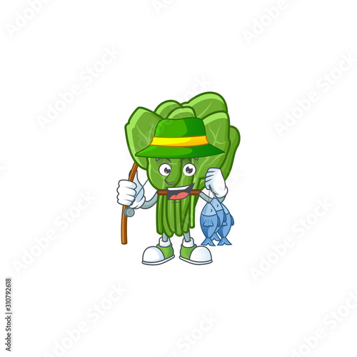Cheerful face Fishing spinach mascot design style