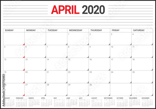 April 2020 desk calendar vector illustration