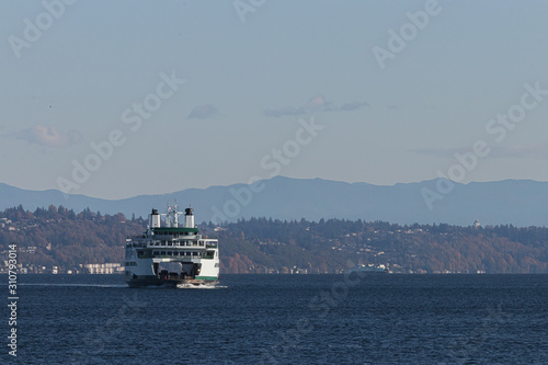 washington ferry on puget sound along the shores of seattle area