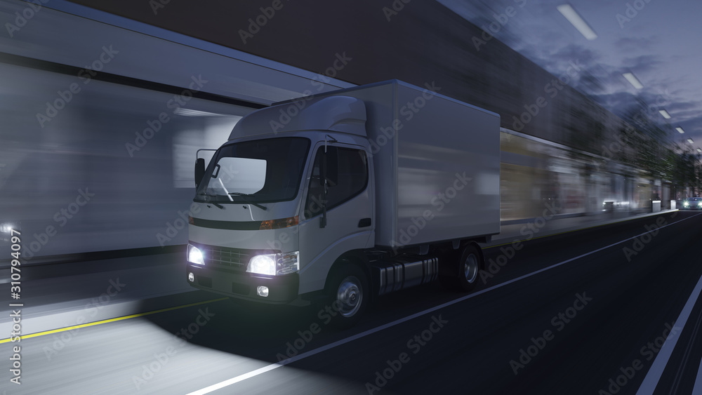 White Delivery Truck on the Move in Dim Light 3D Rendering White Delivery Truck on the Move in Dim Light 3D Rendering