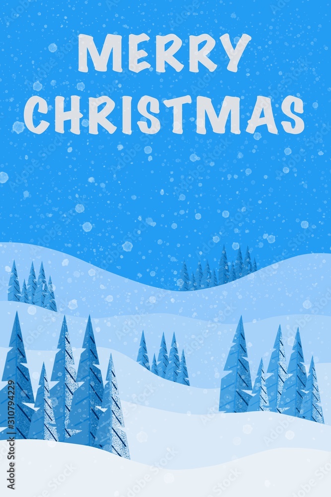 Winter landscape illustration with fir trees and snowflakes. Christmas and New Year illustration. Winter landscape illustration with fir trees and snowflakes. Christmas and New Year illustration.