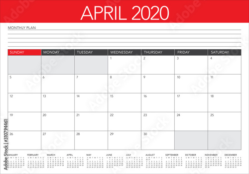 April 2020 desk calendar vector illustration