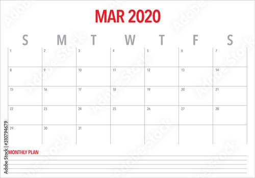 March 2020 desk calendar vector illustration