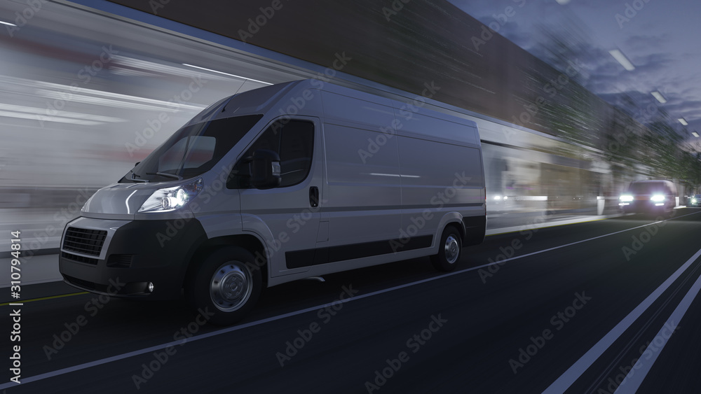 White Delivery Van Moving on the Road in Dim Evening Light 3D Rendering
