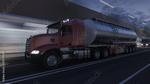 Maroon Fuel Tanker Moving on the Road in the Dark 3D Rendering